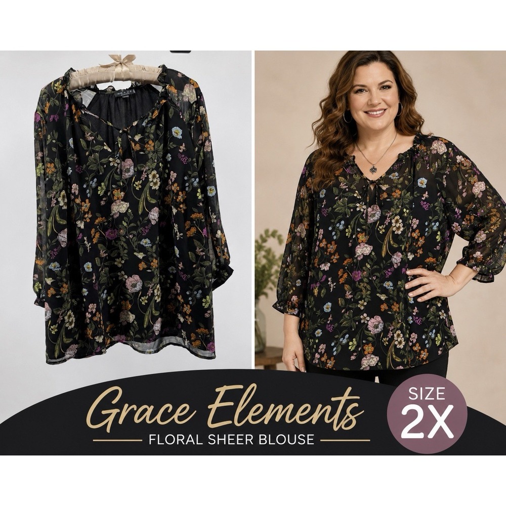 Grace Elements 2X Black Floral Blouse Sheer Boho Romantic Flowy Top Plus